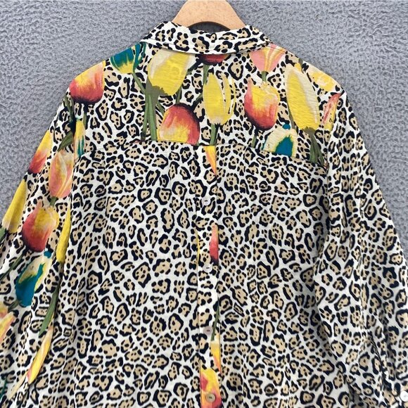 Multiples Top Womens Large Ivory Multi Animal Floral Button Collar Long Sleeve - Picture 4 of 9